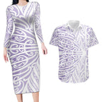 Purple New Zealand Puhoro Maori Tattoo Couples Matching Long Sleeve Bodycon Dress and Hawaiian Shirt