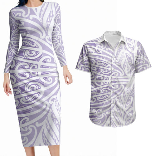 Purple New Zealand Puhoro Maori Tattoo Couples Matching Long Sleeve Bodycon Dress and Hawaiian Shirt