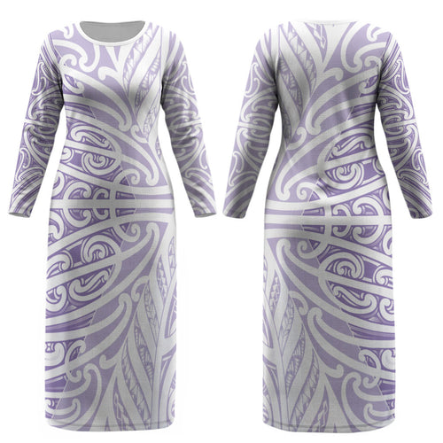 Purple New Zealand Puhoro Maori Tattoo Couples Matching Long Sleeve Bodycon Dress and Hawaiian Shirt LT14