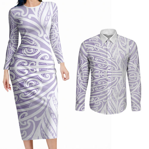 Purple New Zealand Puhoro Maori Tattoo Couples Matching Long Sleeve Bodycon Dress and Long Sleeve Button Shirt