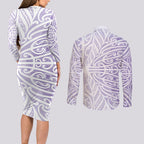 Purple New Zealand Puhoro Maori Tattoo Couples Matching Long Sleeve Bodycon Dress and Long Sleeve Button Shirt