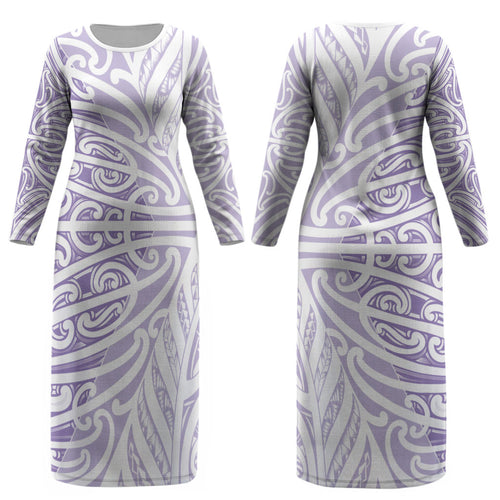 Purple New Zealand Puhoro Maori Tattoo Couples Matching Long Sleeve Bodycon Dress and Long Sleeve Button Shirt LT14