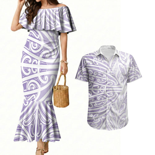 Purple New Zealand Puhoro Maori Tattoo Couples Matching Mermaid Dress and Hawaiian Shirt