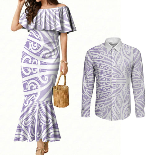 Purple New Zealand Puhoro Maori Tattoo Couples Matching Mermaid Dress and Long Sleeve Button Shirt