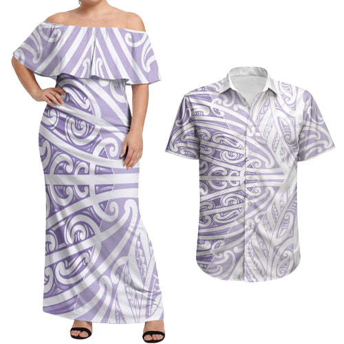 Purple New Zealand Puhoro Maori Tattoo Couples Matching Off Shoulder Maxi Dress and Hawaiian Shirt