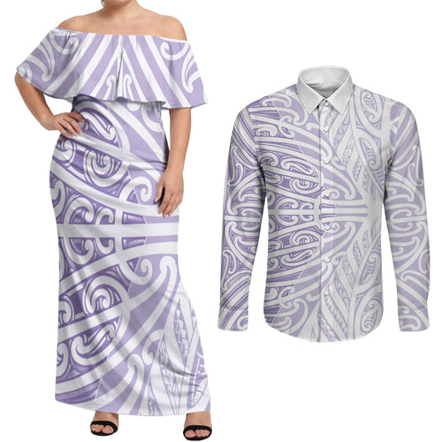 Purple New Zealand Puhoro Maori Tattoo Couples Matching Off Shoulder Maxi Dress and Long Sleeve Button Shirt