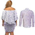 Purple New Zealand Puhoro Maori Tattoo Couples Matching Off Shoulder Short Dress and Long Sleeve Button Shirt