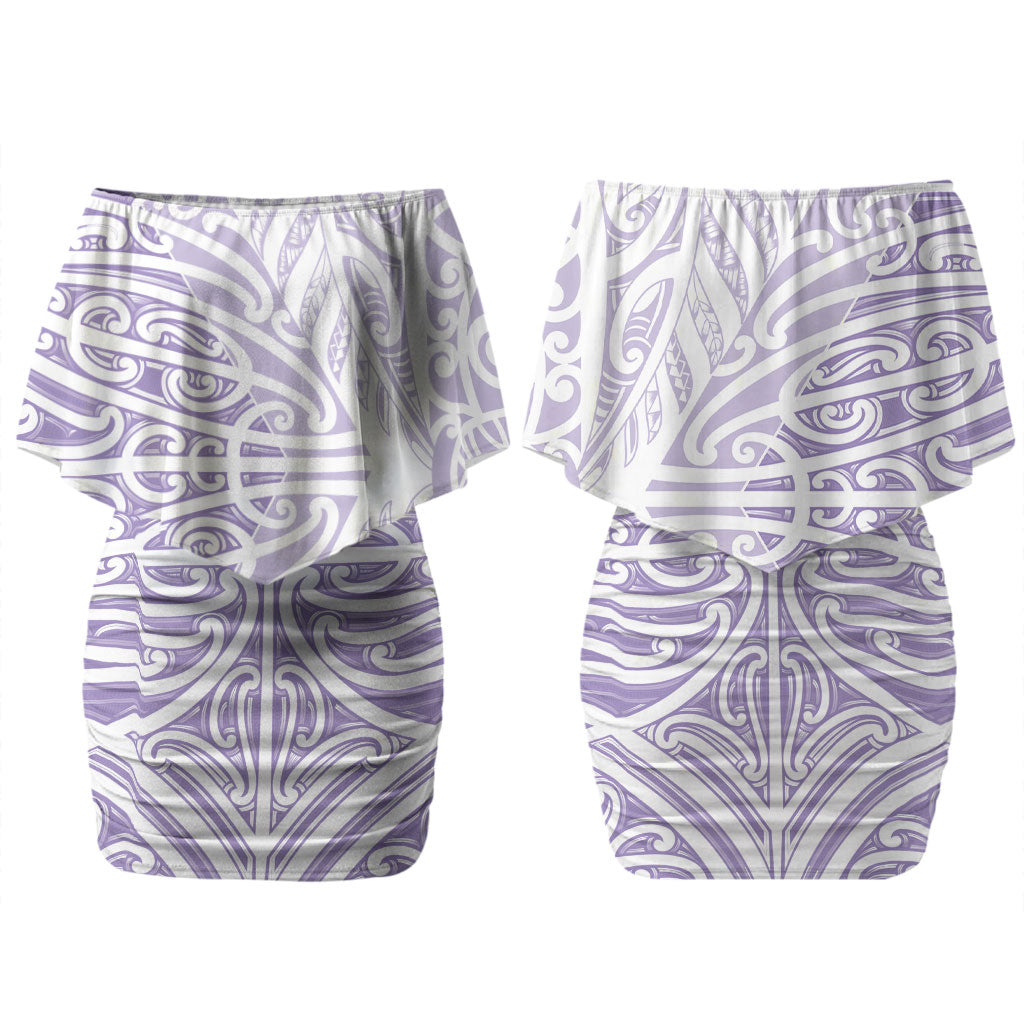 Purple New Zealand Puhoro Maori Tattoo Couples Matching Off Shoulder Short Dress and Long Sleeve Button Shirt LT14