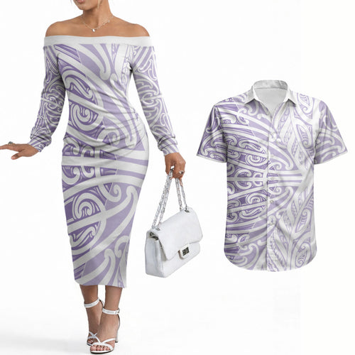 Purple New Zealand Puhoro Maori Tattoo Couples Matching Off The Shoulder Long Sleeve Dress and Hawaiian Shirt