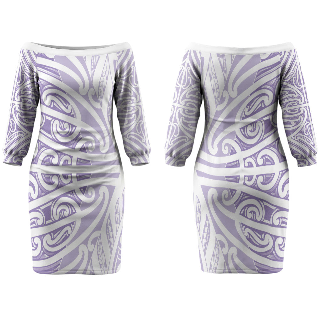 Purple New Zealand Puhoro Maori Tattoo Couples Matching Off The Shoulder Long Sleeve Dress and Hawaiian Shirt LT14