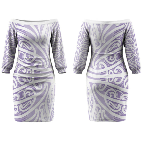 Purple New Zealand Puhoro Maori Tattoo Couples Matching Off The Shoulder Long Sleeve Dress and Hawaiian Shirt LT14