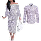 Purple New Zealand Puhoro Maori Tattoo Couples Matching Off The Shoulder Long Sleeve Dress and Long Sleeve Button Shirt