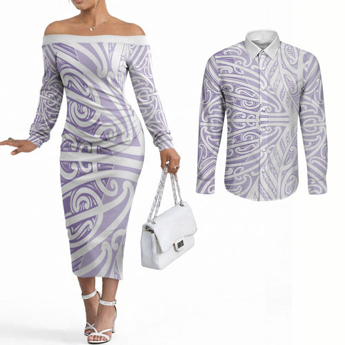 Purple New Zealand Puhoro Maori Tattoo Couples Matching Off The Shoulder Long Sleeve Dress and Long Sleeve Button Shirt