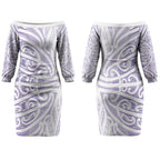 Purple New Zealand Puhoro Maori Tattoo Couples Matching Off The Shoulder Long Sleeve Dress and Long Sleeve Button Shirt LT14
