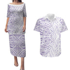Purple New Zealand Puhoro Maori Tattoo Couples Matching Puletasi and Hawaiian Shirt