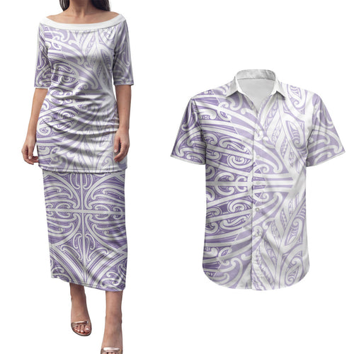 Purple New Zealand Puhoro Maori Tattoo Couples Matching Puletasi and Hawaiian Shirt