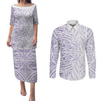 Purple New Zealand Puhoro Maori Tattoo Couples Matching Puletasi and Long Sleeve Button Shirt