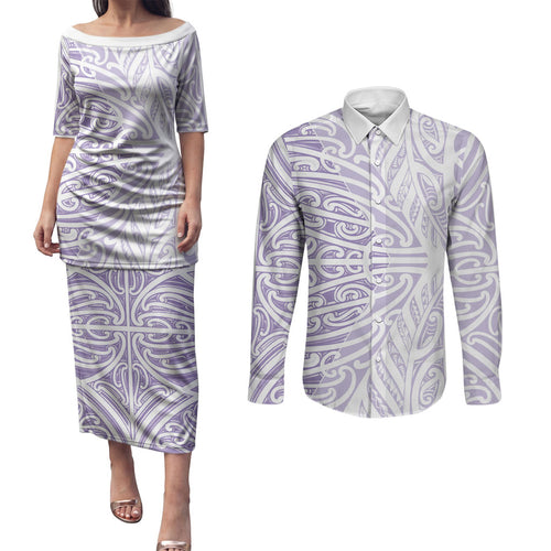 Purple New Zealand Puhoro Maori Tattoo Couples Matching Puletasi and Long Sleeve Button Shirt