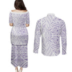 Purple New Zealand Puhoro Maori Tattoo Couples Matching Puletasi and Long Sleeve Button Shirt