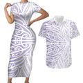 Purple New Zealand Puhoro Maori Tattoo Couples Matching Short Sleeve Bodycon Dress and Hawaiian Shirt