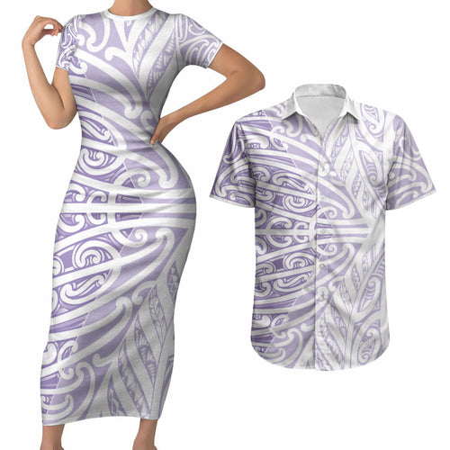 Purple New Zealand Puhoro Maori Tattoo Couples Matching Short Sleeve Bodycon Dress and Hawaiian Shirt