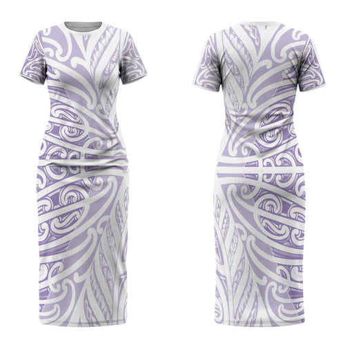 Purple New Zealand Puhoro Maori Tattoo Couples Matching Short Sleeve Bodycon Dress and Hawaiian Shirt LT14