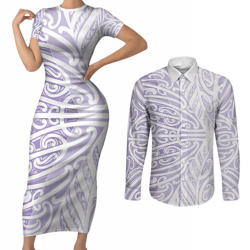 Purple New Zealand Puhoro Maori Tattoo Couples Matching Short Sleeve Bodycon Dress and Long Sleeve Button Shirt
