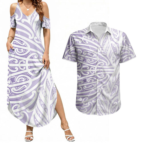 Purple New Zealand Puhoro Maori Tattoo Couples Matching Summer Maxi Dress and Hawaiian Shirt