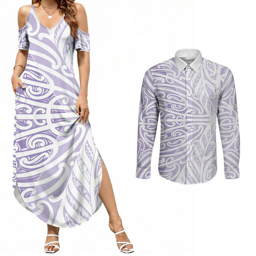 Purple New Zealand Puhoro Maori Tattoo Couples Matching Summer Maxi Dress and Long Sleeve Button Shirt