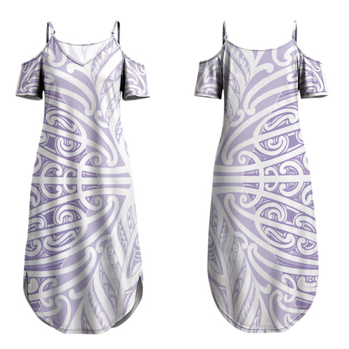 Purple New Zealand Puhoro Maori Tattoo Couples Matching Summer Maxi Dress and Long Sleeve Button Shirt LT14