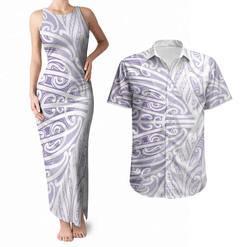 Purple New Zealand Puhoro Maori Tattoo Couples Matching Tank Maxi Dress and Hawaiian Shirt