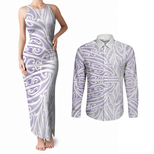 Purple New Zealand Puhoro Maori Tattoo Couples Matching Tank Maxi Dress and Long Sleeve Button Shirt