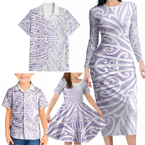 Purple New Zealand Puhoro Maori Tattoo Family Matching Long Sleeve Bodycon Dress and Hawaiian Shirt