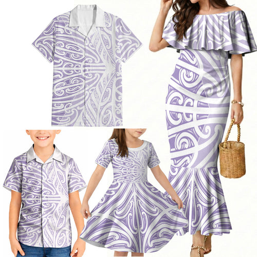 Purple New Zealand Puhoro Maori Tattoo Family Matching Mermaid Dress and Hawaiian Shirt