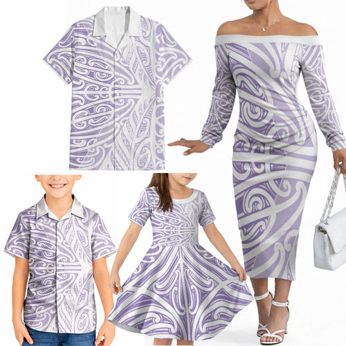 Purple New Zealand Puhoro Maori Tattoo Family Matching Off The Shoulder Long Sleeve Dress and Hawaiian Shirt