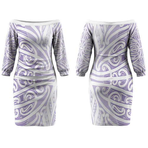 Purple New Zealand Puhoro Maori Tattoo Family Matching Off The Shoulder Long Sleeve Dress and Hawaiian Shirt