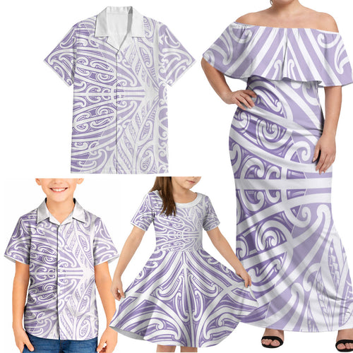 Purple New Zealand Puhoro Maori Tattoo Family Matching Off Shoulder Maxi Dress and Hawaiian Shirt