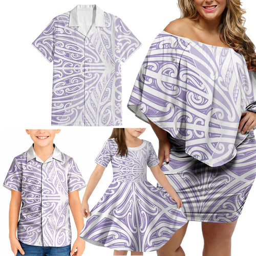 Purple New Zealand Puhoro Maori Tattoo Family Matching Off Shoulder Short Dress and Hawaiian Shirt