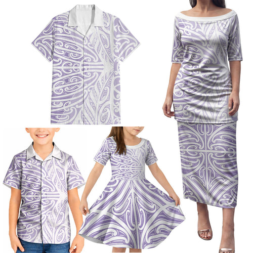 Purple New Zealand Puhoro Maori Tattoo Family Matching Puletasi and Hawaiian Shirt
