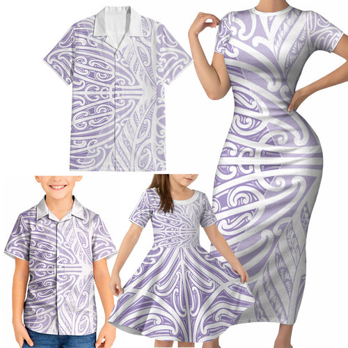 Purple New Zealand Puhoro Maori Tattoo Family Matching Short Sleeve Bodycon Dress and Hawaiian Shirt