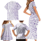 Purple New Zealand Puhoro Maori Tattoo Family Matching Short Sleeve Bodycon Dress and Hawaiian Shirt
