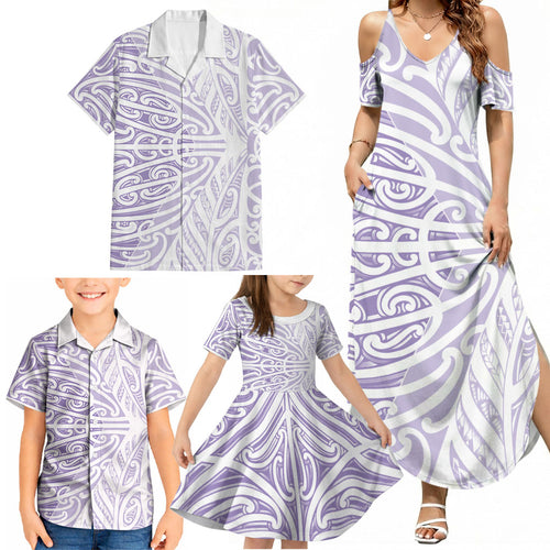Purple New Zealand Puhoro Maori Tattoo Family Matching Summer Maxi Dress and Hawaiian Shirt