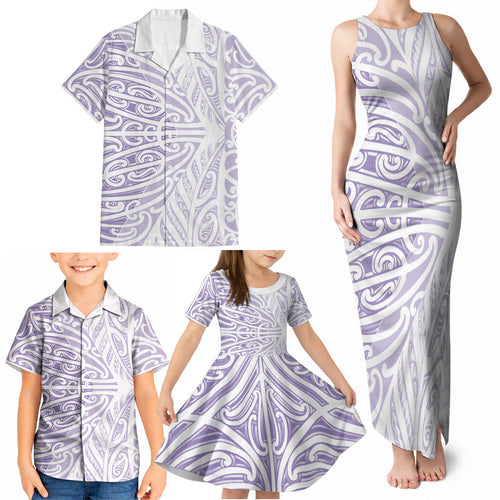 Purple New Zealand Puhoro Maori Tattoo Family Matching Tank Maxi Dress and Hawaiian Shirt