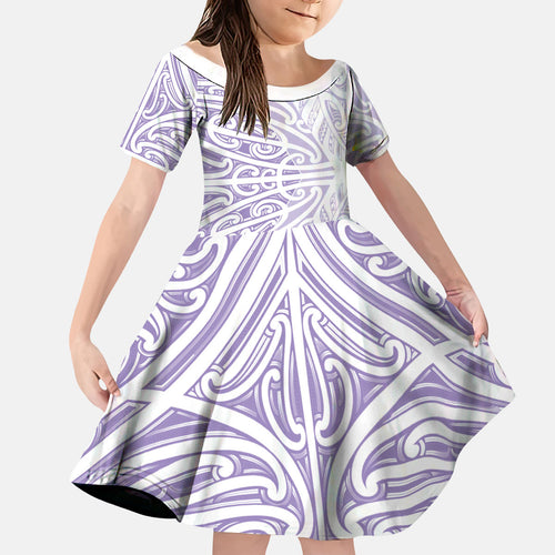 Purple New Zealand Puhoro Maori Tattoo Kid Short Sleeve Dress
