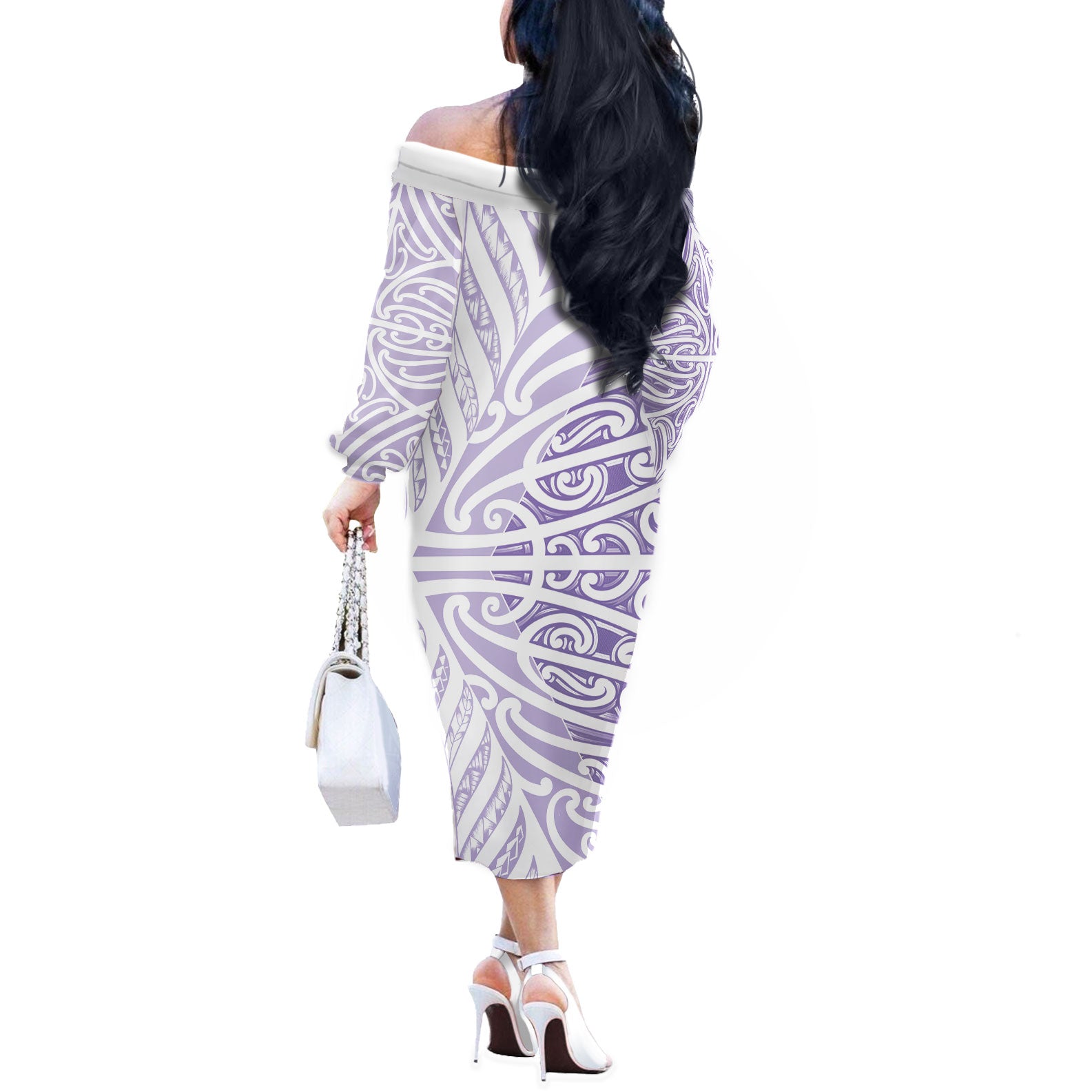 Purple New Zealand Puhoro Maori Tattoo Off The Shoulder Long Sleeve Dress