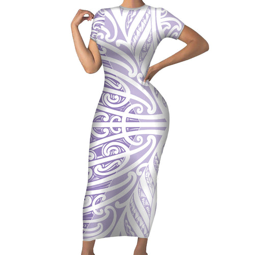 Purple New Zealand Puhoro Maori Tattoo Short Sleeve Bodycon Dress