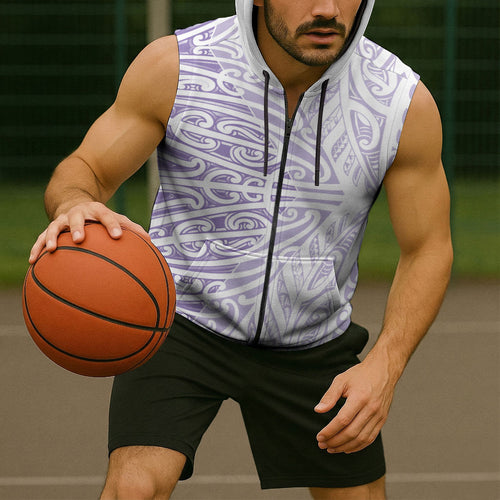 Purple New Zealand Puhoro Maori Tattoo Sleeveless Zip Hoodie