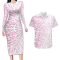 Pink New Zealand Puhoro Maori Tattoo Couples Matching Long Sleeve Bodycon Dress and Hawaiian Shirt