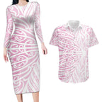 Pink New Zealand Puhoro Maori Tattoo Couples Matching Long Sleeve Bodycon Dress and Hawaiian Shirt