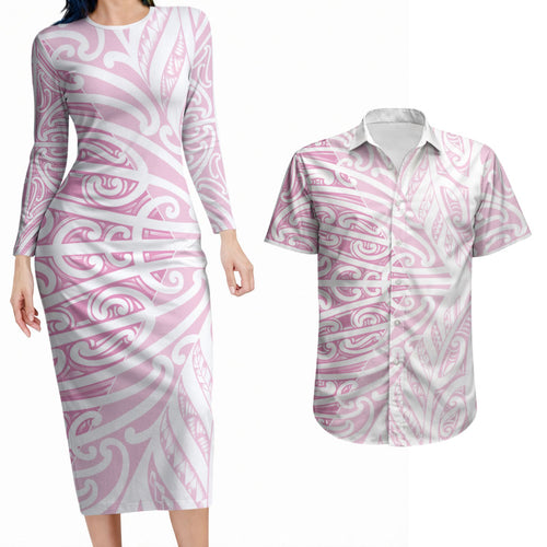 Pink New Zealand Puhoro Maori Tattoo Couples Matching Long Sleeve Bodycon Dress and Hawaiian Shirt